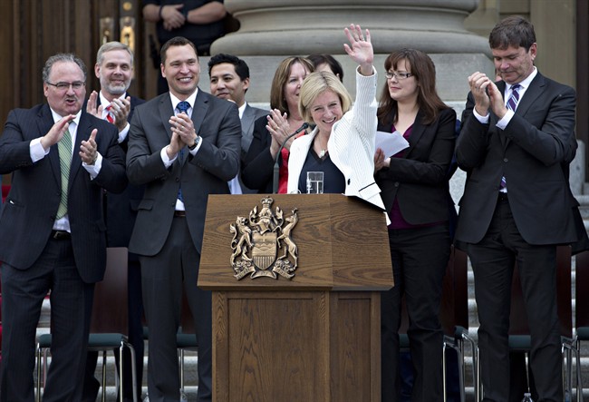 Rachel Notley is applauded after being sworn in as Alberta’s 17th premier in Edmonton, Alta., on Sunday, May 24, 2015. 