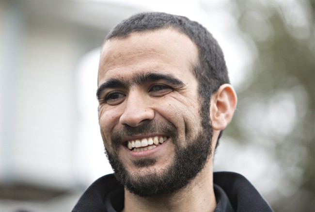 Omar Khadr speaks to media after being released on bail in Edmonton, Alta., on Thursday, May 7, 2015.