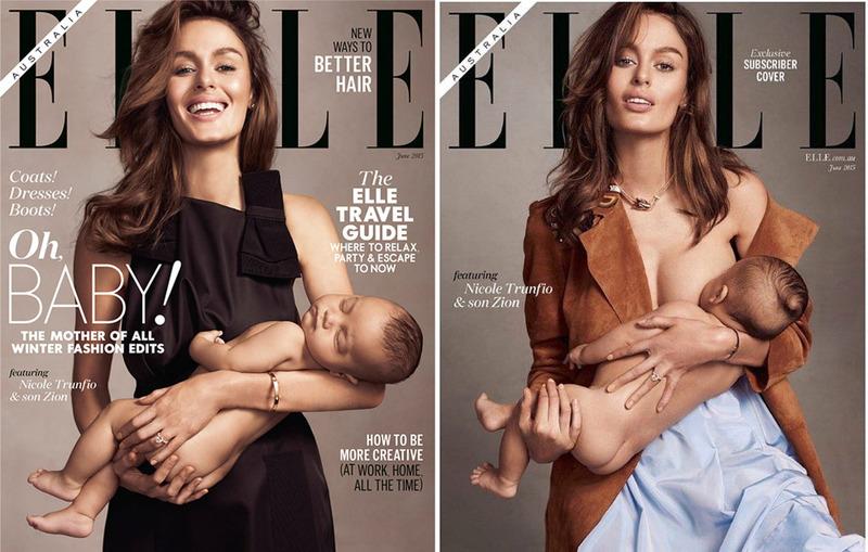 A tale of two Elle Australia covers.  The breastfeeding version will only be available to subscribers, while the one on the left will be sold to the general public.