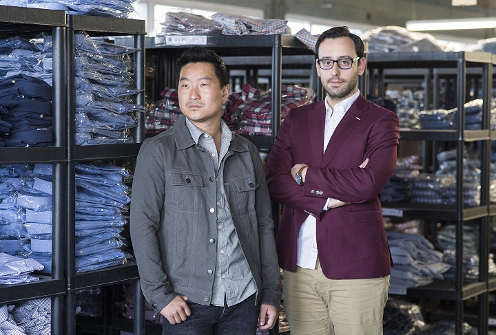 Frank & Oak co-founders Ethan Song, left, and Hicham Ratnani pose for a photograph at their warehouse and offices in Montreal in 2013.