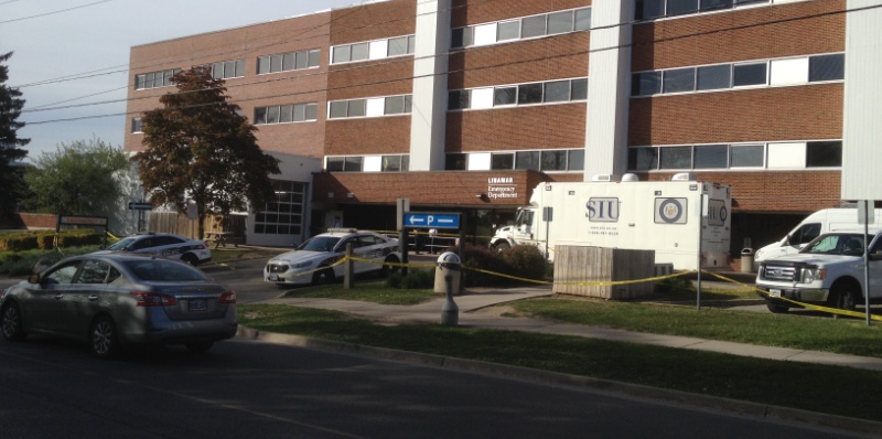 The scene outside Guelph General Hospital after a man was fatally shot by police on May 20, 2015.