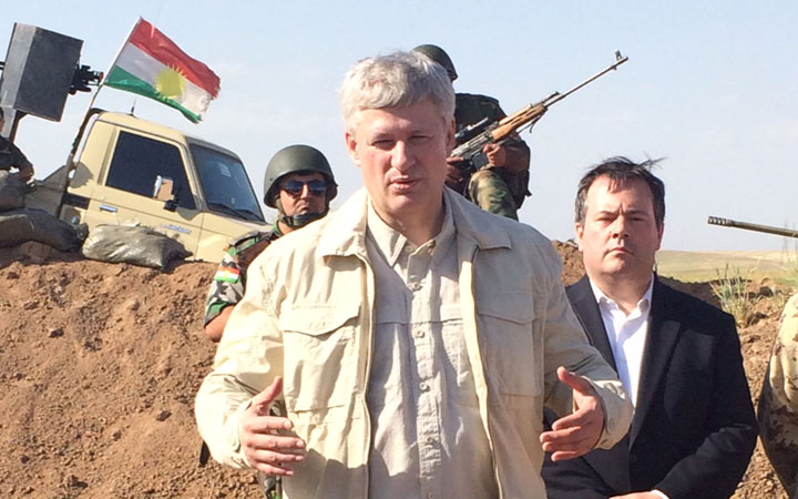 Prime Minister Stephen Harper and Defence Minister Jason Kenney near Erbil, which 5 months ago was the front line. Isis is now 7 km from the area. It is where Canada's 'advise and assist' mission is taking place.