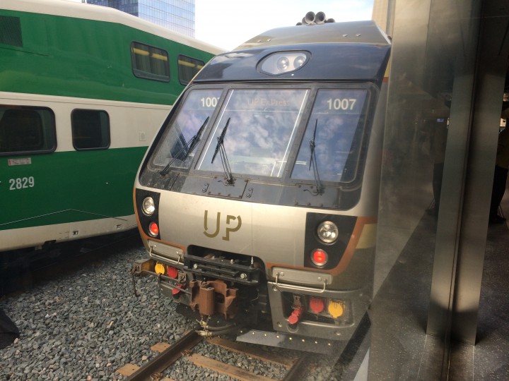 UP Express train parked at Union Station terminal.