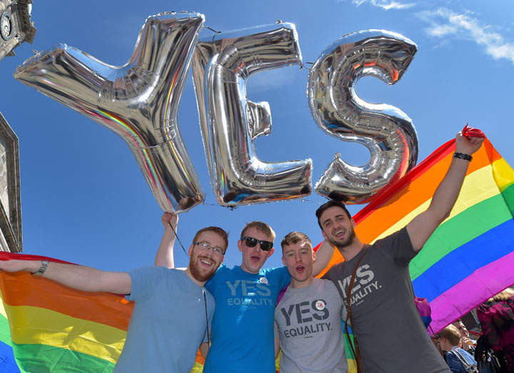 A group of men celebrate in Dublin on May 23, 2015.