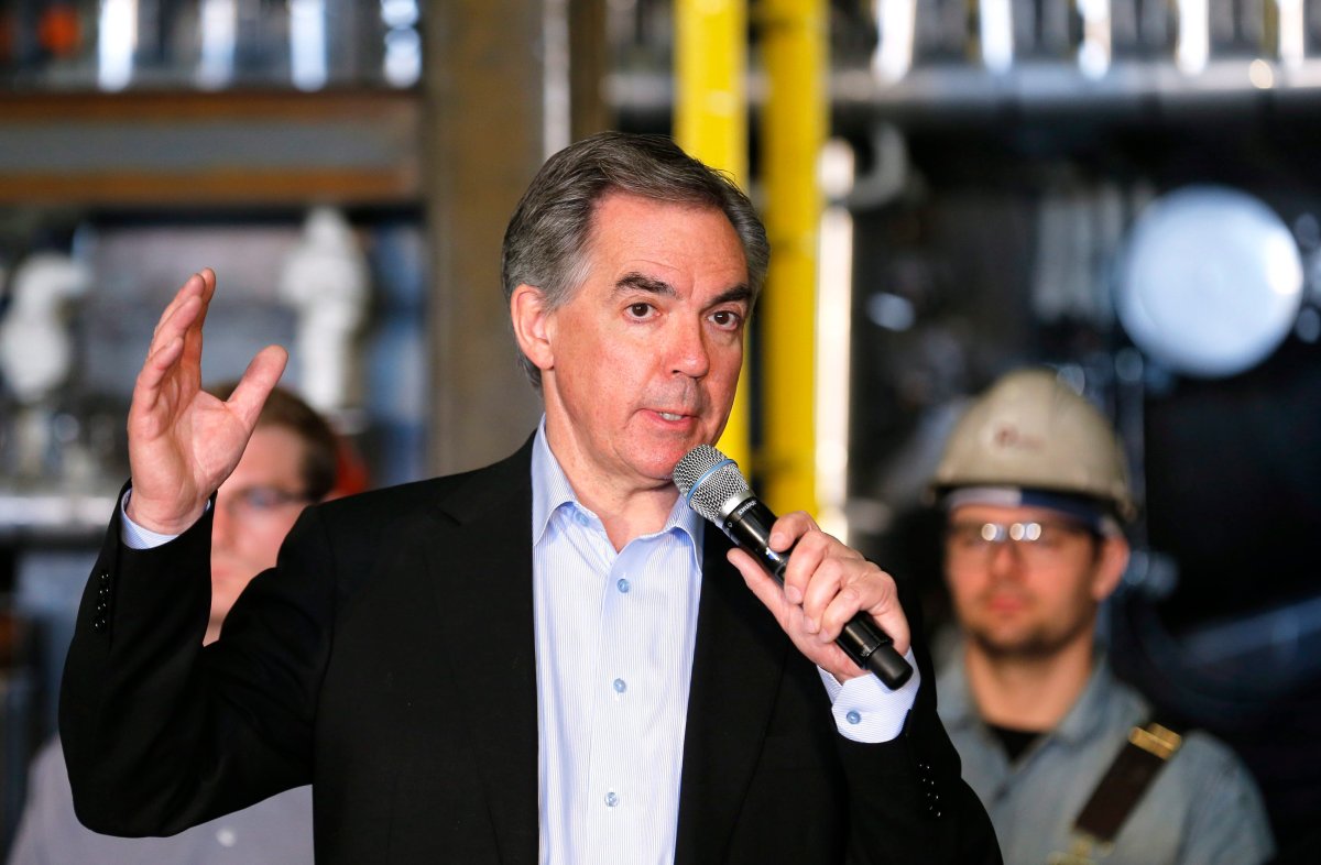 Alberta PC leader Jim Prentice speaks during an election campaign stop at a manufacturing plant (Plains Fabrication) in Calgary, Alta., Tuesday, April 28, 2015. 