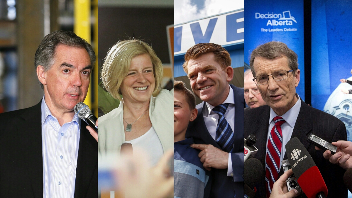 Progressive Conservative leader Jim Prentice, Alberta NDP leader Rachel Notley, Wildrose leader Brian Jean, and Liberal leader David Swann.