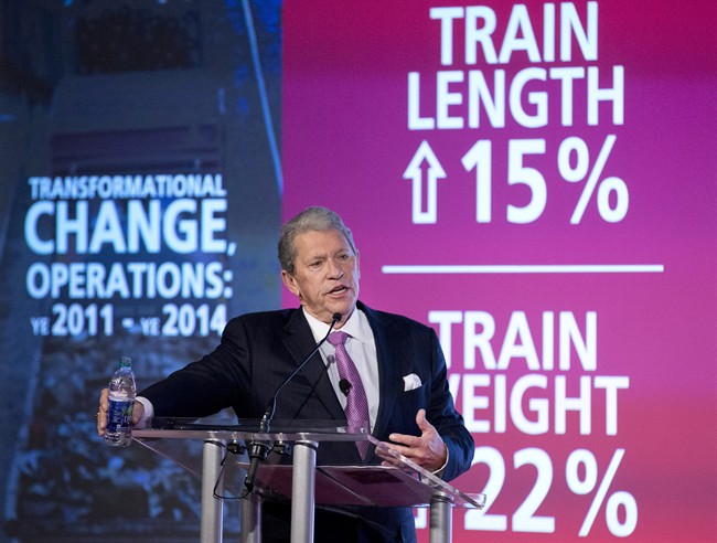 Canadian Pacific Railway CEO Hunter Harrison attends the company's annual general meeting in Calgary, Alta., Thurs., May 14, 2015.