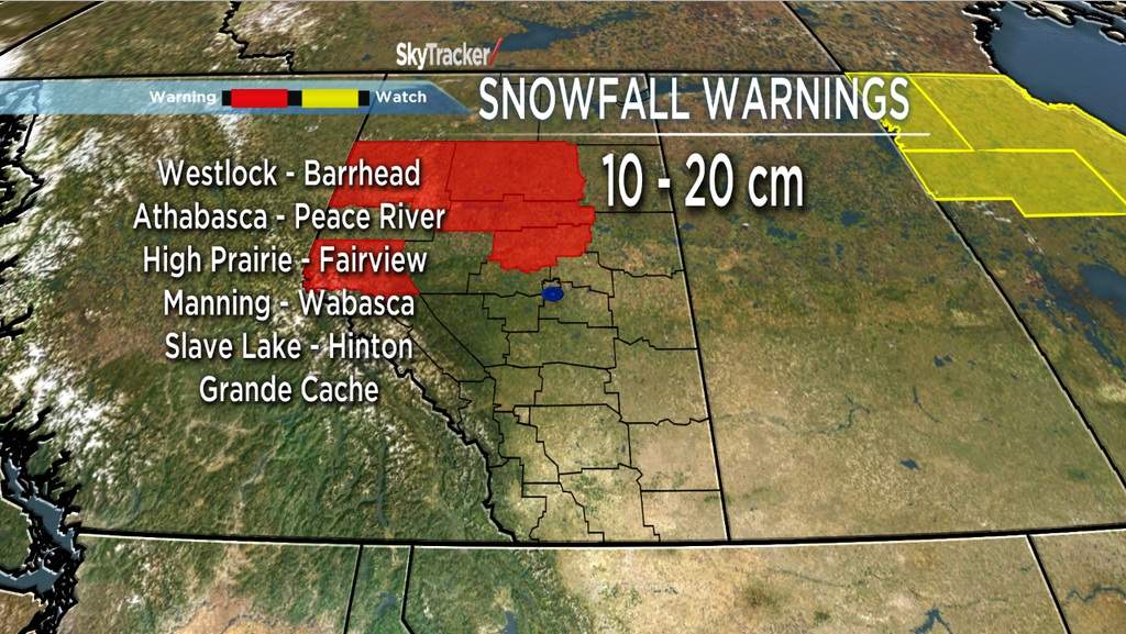 A summary of the Alberta communities under snowfall warnings for May 5 and 6, 2015. These communities could see total snowfall accumulations of 10 – 20 centimetres of snow along with strong winds.