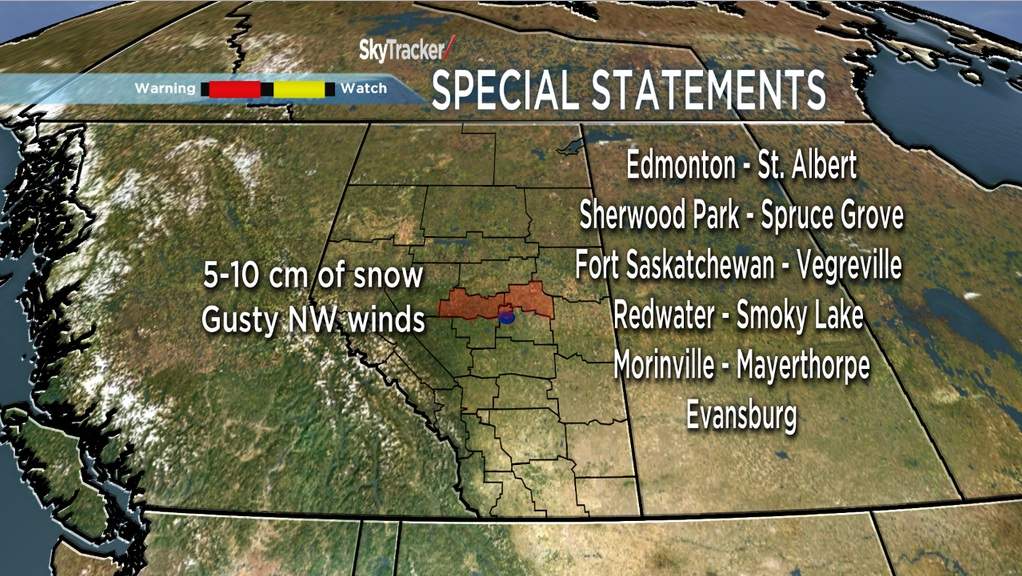 A summary of the Alberta communities under special weather statements for May 5 and 6, 2015. Those areas could see around 5-10 centimetres of snow along with strong north west winds.