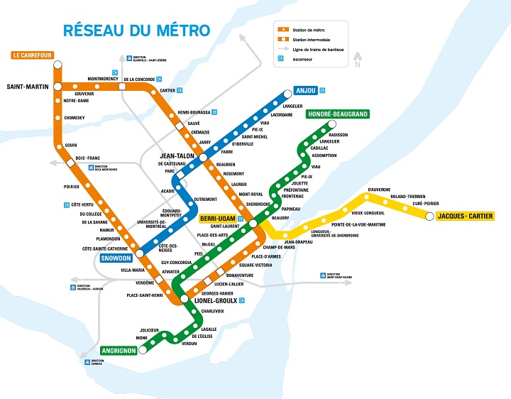 A map featuring the metro lines of Montreal.