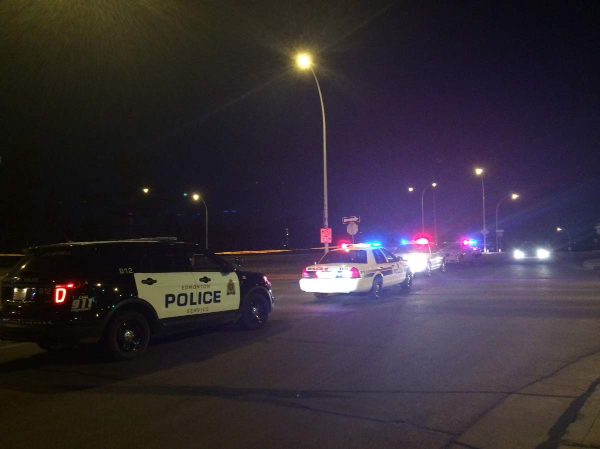 Dozens of police vehicles block of the intersection at Abbottsfield Road and 118th Avenue after a police shooting on May 19, 2015.