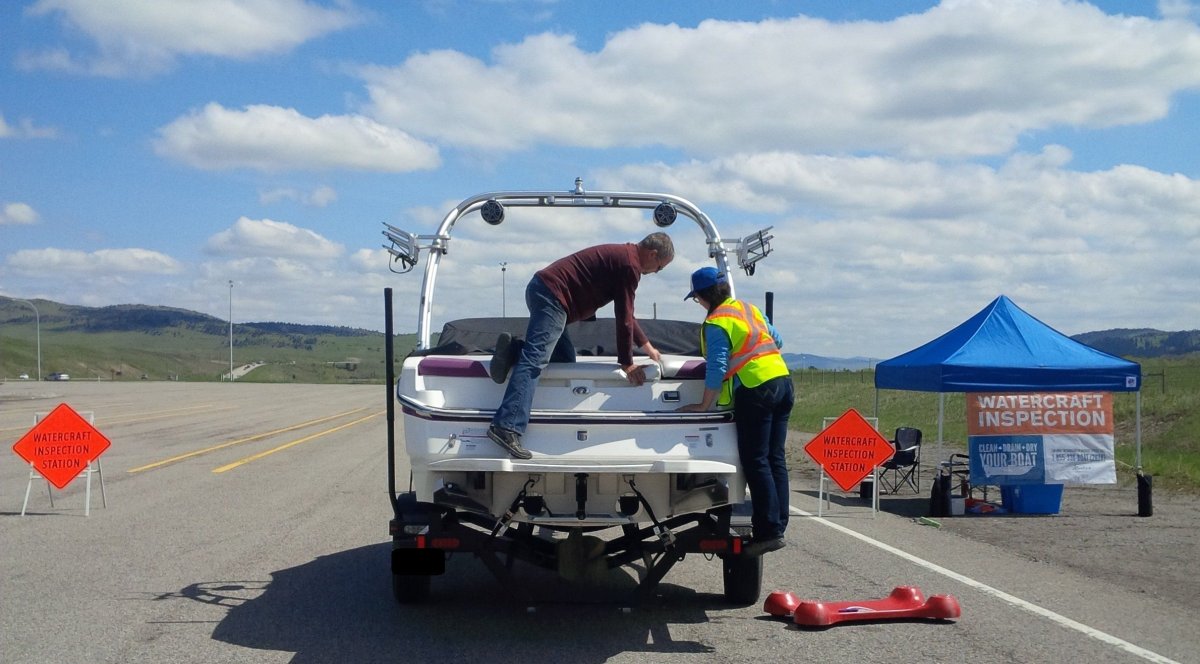 Watercraft inspectors intercept boat carrying invasive mussels at Sylvan Lake. May 18, 2015.