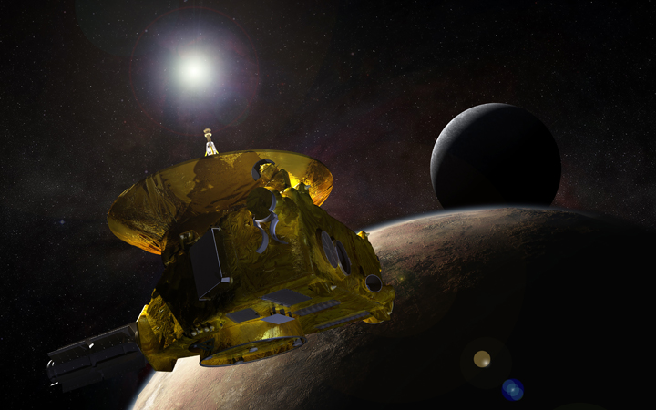An artist's rendering of New Horizons with Pluto and its largest moon Charon.