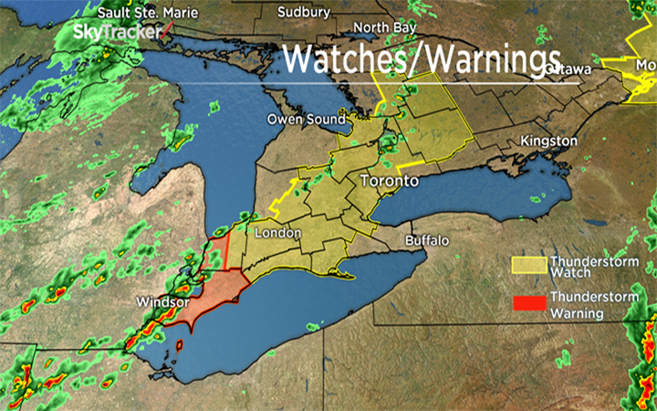 Warnings and watches are up across southern Ontario as severe storms develop.