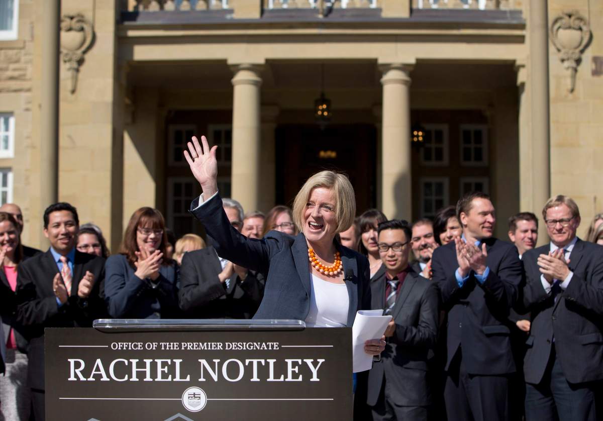 Alberta Premier-designate Rachel Notley addresses the media in front of her caucus in Edmonton, Alta., on Saturday, May 9, 2015.