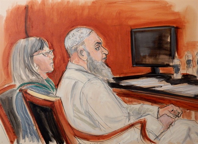 In this Jan. 20, 2015, file courtroom sketch, Khaled al-Fawwaz, right, is seated next to his defense attorney, Barbara O'Connor, during jury selection in Manhattan Federal Court.