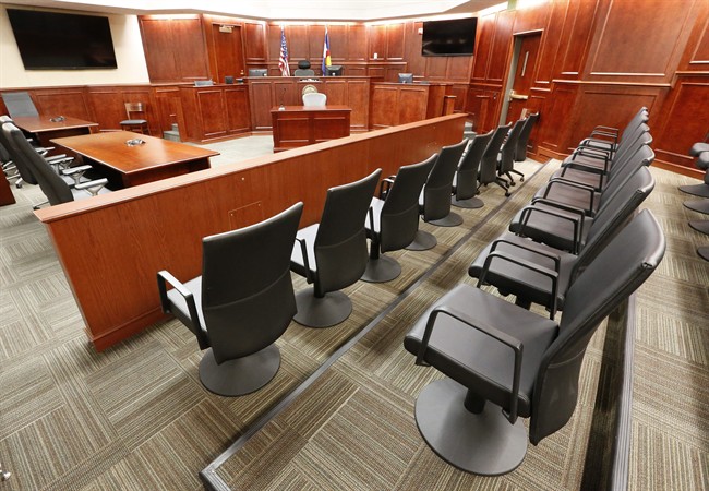 The jury box inside the courtroom where the trial of Aurora movie theater shooting defendant James Holmes is currently taking place at Arapahoe County District Court in Centennial, Colo.