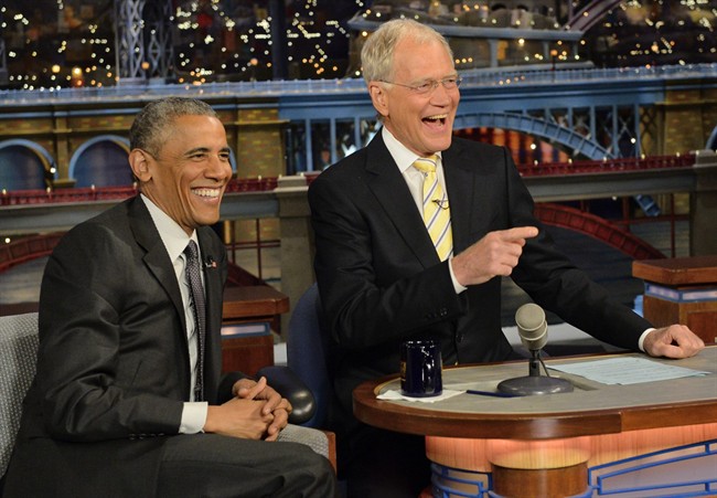 In this image released by CBS, President Barack Obama, left, appears with host David Letterman during a taping of "Late Show with David Letterman," on Monday, May 4, 2015, in New York.