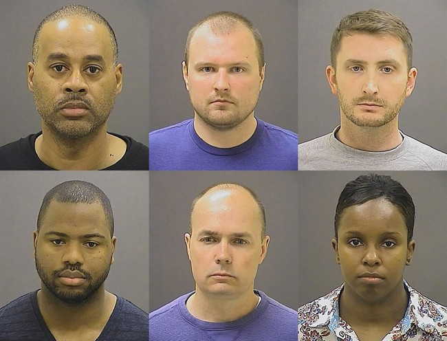 This photo provided by the Baltimore Police Department on Friday, May 1, 2015 shows, top row from left, Caesar R. Goodson Jr., Garrett E. Miller and Edward M. Nero, and bottom row from left, William G. Porter, Brian W. Rice and Alicia D. White, the six police officers charged with felonies ranging from assault to murder in the death of Freddie Gray.