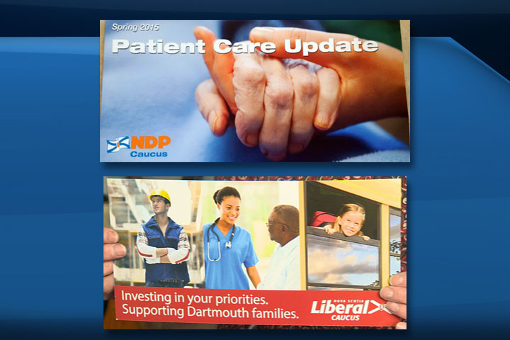 Images show flyers sent by the Nova Scotia NDP and Liberals in ridings where byelections are to be held.