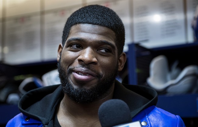 Montreal Canadiens defenceman P.K. Subban talks to reporters, Thursday, May 14, 2015 in Brossard, Que. The Canadiens lost to the Tampa Bay Lightning in Game 6 second round of Stanley Cup playoffs to end their season. 