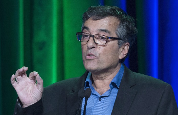 Parti Quebecois leadership candidate Pierre Céré makes a point during the final debate in Montreal, Thursday, May 7, 2015.