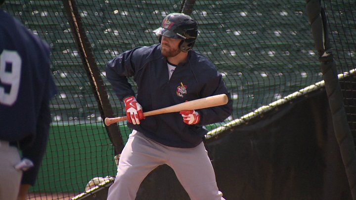 A member of the Winnipeg Goldeyes practices his bunting ahead of Tuesday's exhibition game.