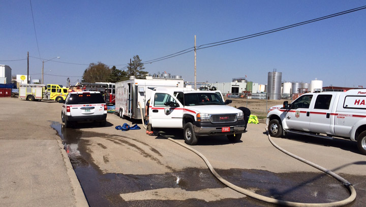 Saskatoon hazmat crews at scene of chemical spill in North Industrial park, traffic blocked in area.