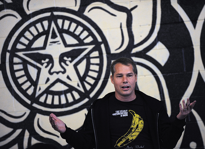 Shepard Fairey talks about his start, inspiration and the process of making art for students at the Library Street Collective gallery on Thursday, May 21, 2015 in Detroit. 