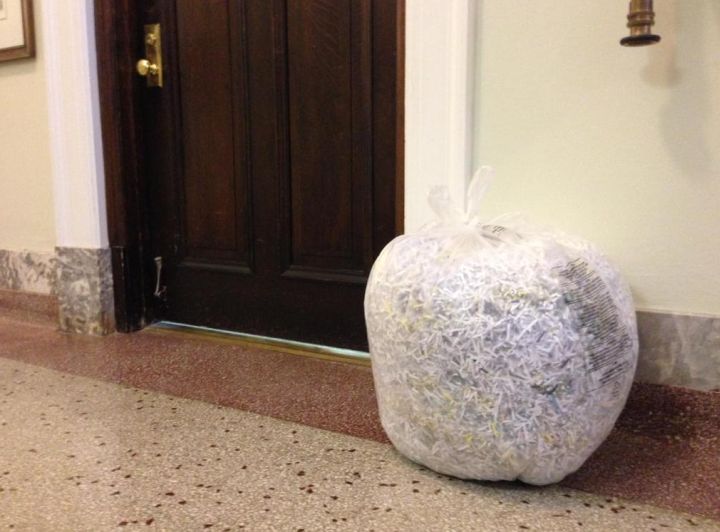 A bag of shredded paper sits in the halls of the Alberta Legislature Wednesday, May 6, 2015.