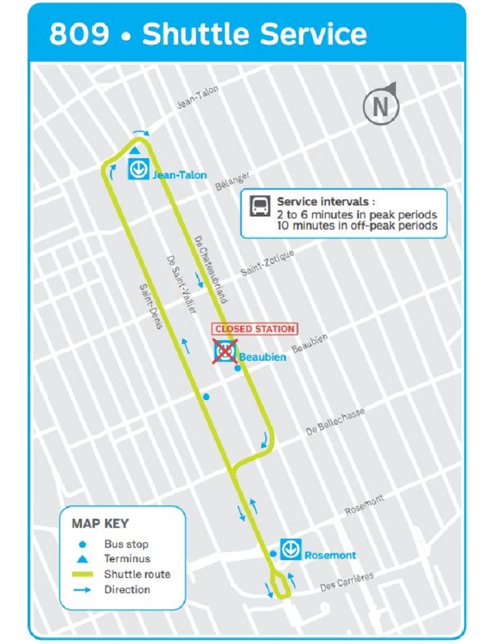 A map showing the replacement bus service at Beaubien metro station.