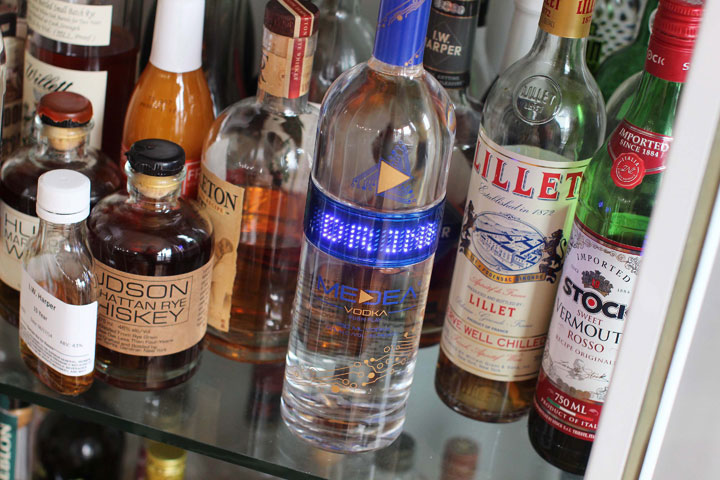 This April 6, 2015 photo shows a high tech liquor bottle in Concord, N.H.