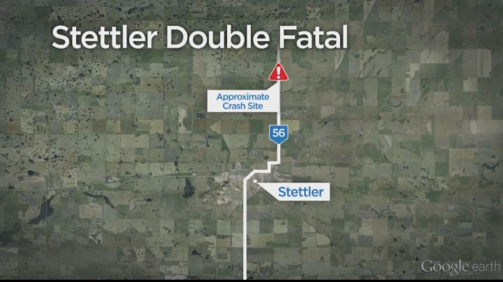 Two men are dead following a collision north of Stettler, Alberta Wednesday, May 13, 2015. 