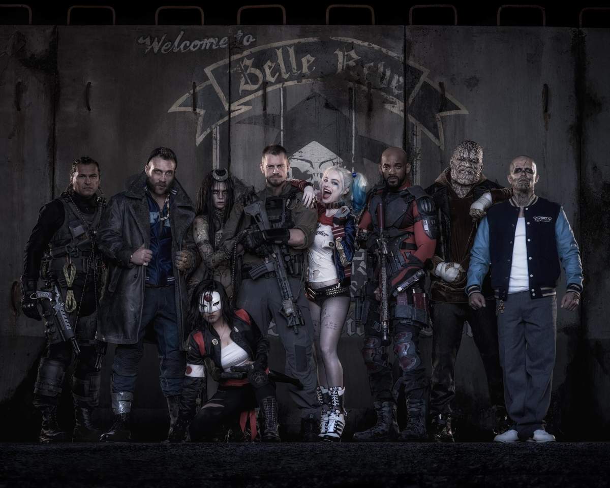 From left: Adam Beach as Slipknot, Jai Courtney as Captain Boomerang, Cara Delevingne as Enchantress, Karen Fukuhara (front) as Katana, Joel Kinnaman as Rick Flagg, Margot Robbie as Harley Quinn, Will Smith as Deadshot, Adewale Akinnuoye-Agbaje as Killer Croc and Jay Hernandez as El Diablo.