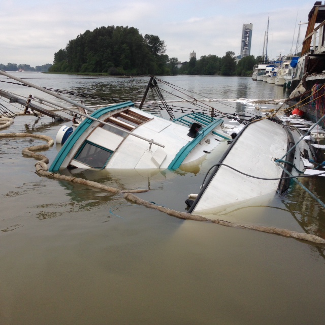 The sunken boat in the Fraser River.