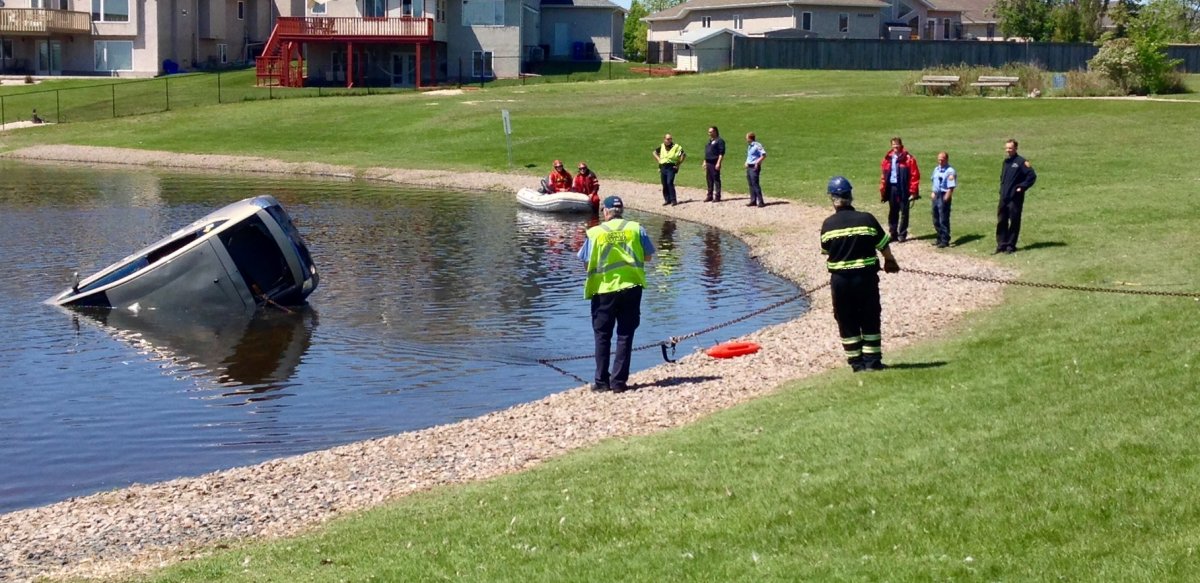 A Duffy's Taxi cab managed to make its way to the bottom of a retention pond in the Maples area.