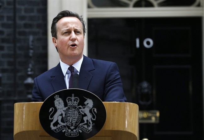 Britain's Prime Minister David Cameron speaks to the media in 10 Downing Street in London Friday, May 8, 2015. Cameron's Conservative Party swept to power Friday in Britain's Parliamentary elections winning an unexpected majority.