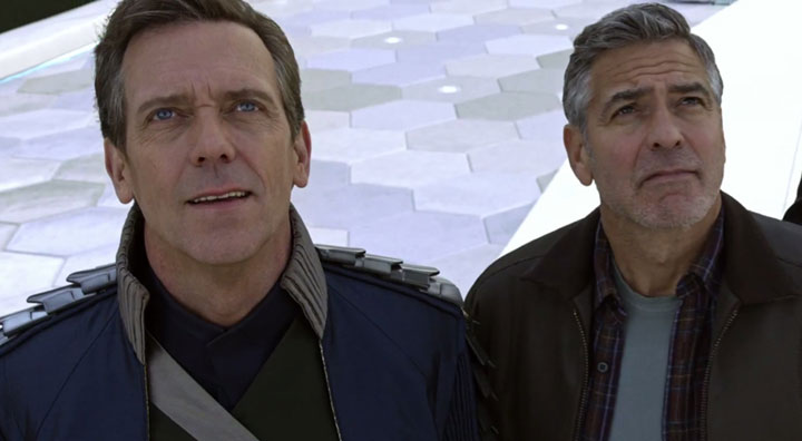 Hugh Laurie and George Clooney, pictured in a scene from 'Tomorrowland.'.