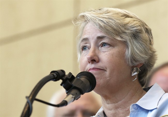 Houston Mayor Annise Parker she speaks at a news conference, Tuesday, May 26, 2015.