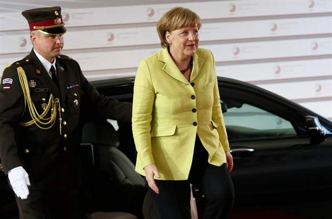 German Chancellor Angela Merkel arrives for a formal dinner at the Eastern Partnership summit in Riga, on Thursday, May 21, 2015.