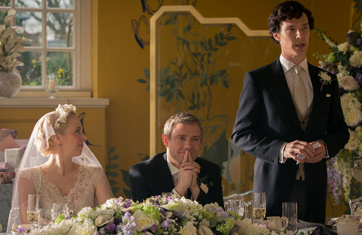 Benedict Cumberbatch, right, gives a wedding speech in a scene from 'Sherlock.'.