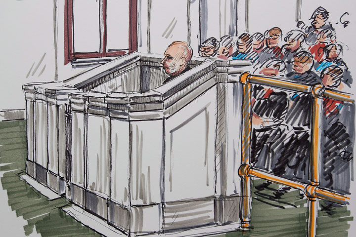 Court artist's sketch shows Graham James during his sentencing hearing in Winnipeg, Tuesday, March 20, 2012. Disgraced former junior hockey coach James has been sentenced to two years in prison for sexually abusing two of his players.