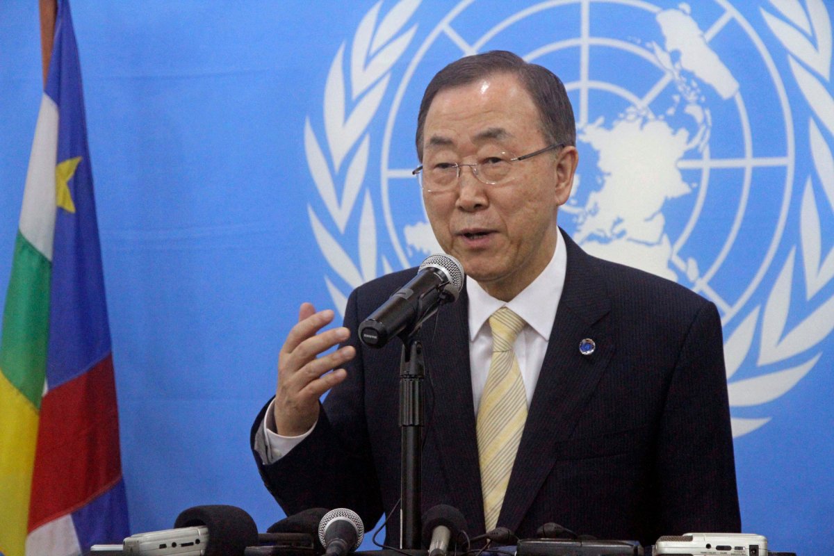 In this photo taken Saturday, April 5, 2014, United Nations Secretary-General Ban Ki-moon speaks to the media during a press conference in Bangui, Central African Republic.