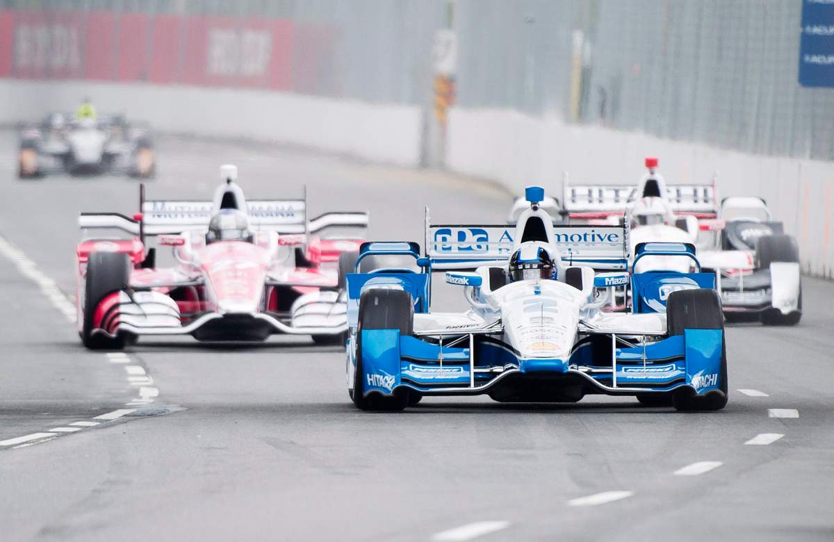 Juan Pablo Montoya (2) of Colombia makes a corner in practice during the Honda Toronto Indy in Toronto on Friday, June 12, 2015. 