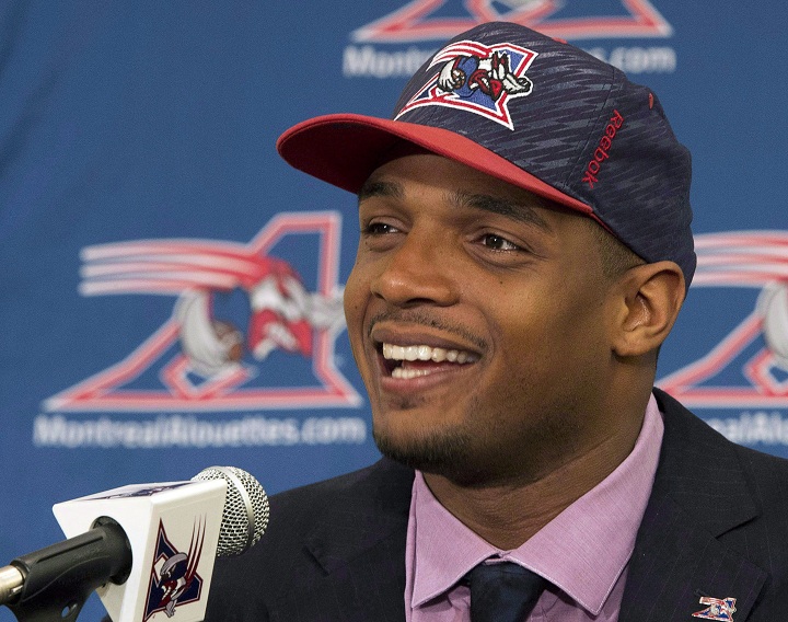 Michael Sam at a press conference after signing with the Montreal Alouettes. 