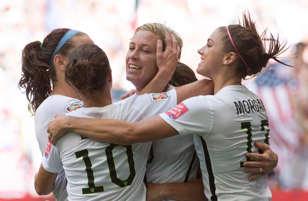 United States' Abby Wambach celebrates her goal with her teammates during first half FIFA World Cup soccer action against Nigeria in Vancouver, B.C. Tuesday, June, 16, 2015. THE CANADIAN PRESS/Jonathan Hayward.