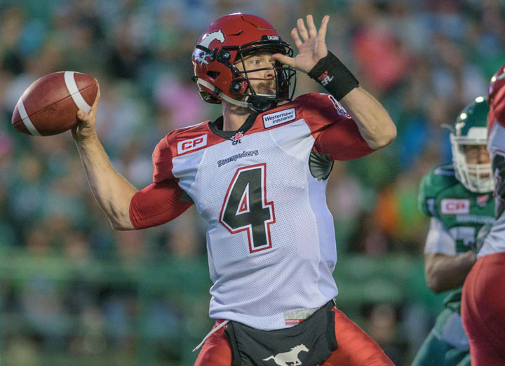 Calgary Stampeders quarterback Drew Tate (#4) throws a pass during pre-season CFL action in Regina on Friday June 19, 2015. The Stampeders defeated the Roughriders 37-29.