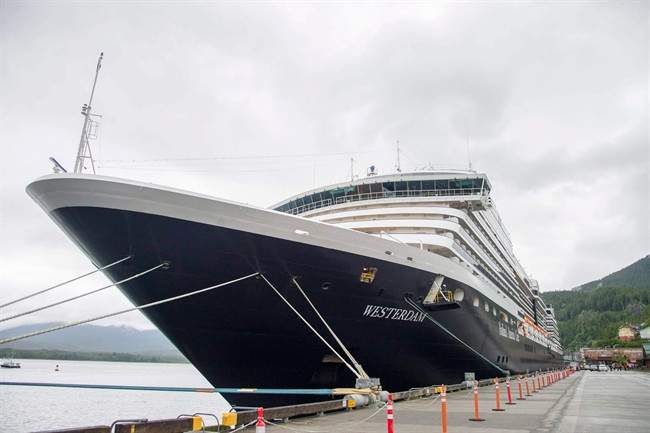 The Holland America Line cruise ship Westerdam sits in dock in Ketchikan, Alaska, on Thursday, June 25.