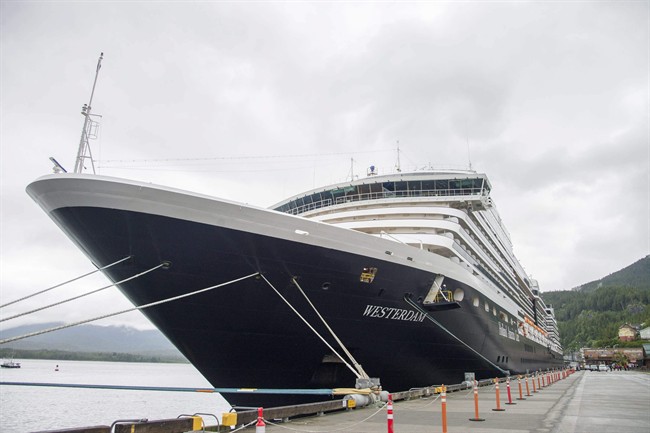 The Holland America Line cruise ship Westerdam sits in dock in Ketchikan, Alaska, on Thursday, June 25.