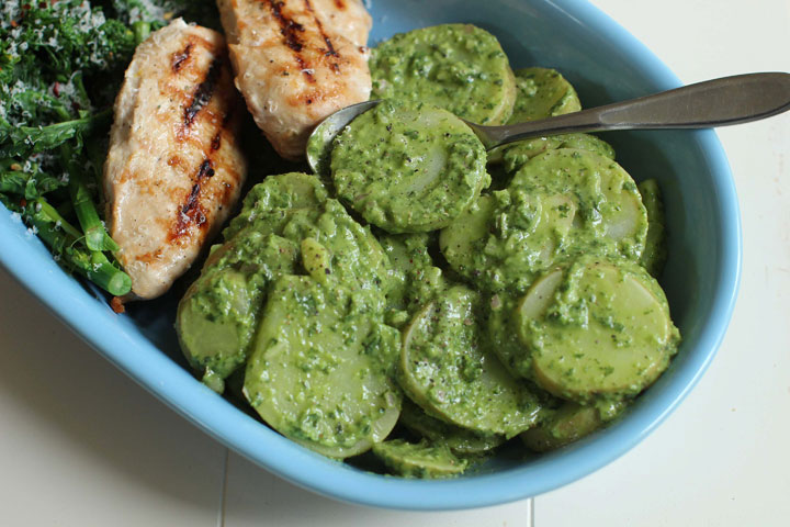 This June 1, 2015 photo in Condord, N.H., shows potato salad made with basil mayonnaise and seasoned with vinegar and salt.